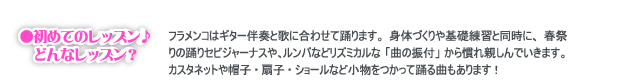 初めてのレッスン♪どんなレッスン?フラメンコはギター伴奏と歌に合わせて踊ります。身体づくりや基礎練習と同時に、春祭りの踊りセビジャーナスや、ルンバなどリズミカルな「曲の振付」から慣れ親しんでいきます。カスタネットや帽子・扇子・ショールなど小物をつかって踊る曲もあります!